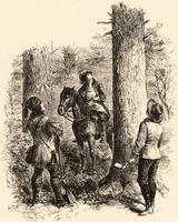Horseman and hunters in woods]