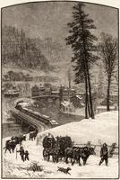 Mountain city in snow with bulls pulling wood wagon