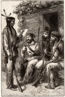 Native American with three frontiersmen at a cabin