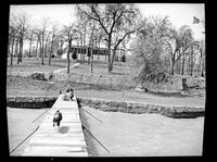 Woman with Two Dogs on a Walkway Over a River