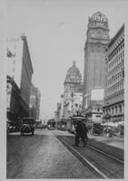 View of architecture and streetcars in San Francisco, Market Street near 4th Street