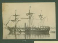 United States Navy gunboat Hartford in the Mississippi River off Baton Rouge, about 1863.