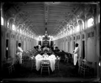 Interior view of an Anchor Line steamboat's salon set for a meal, view #1. This is a different boat than that in 377804xt004.
