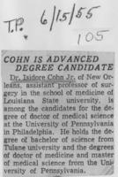 COHN IS ADVANCED DEGREE CANDIDATE