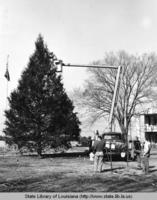 Christmas tree being erected at the Pentagon Barracks in Baton Rouge Louisiana in 1969