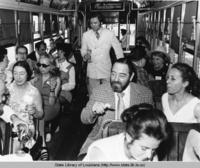 Actor Sebastian Cabot on a streetcar at the New Orleans Food Festival in New Orleans Louisiana in 1971
