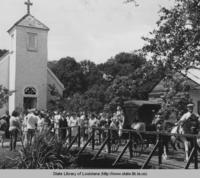 Horse and buggy in front of church at Acadian Village in Lafayette Louisiana in 1970s