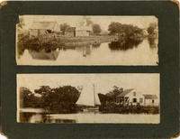 Two photographs of South Louisiana bayous with cabins and a small lugger, ca. 1870s-1880s.