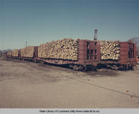 Lumber loaded railroad flatcars at Clinton Louisiana in 1965