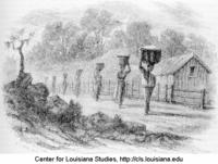 Slaves carrying split-oak baskets filled with cotton.
